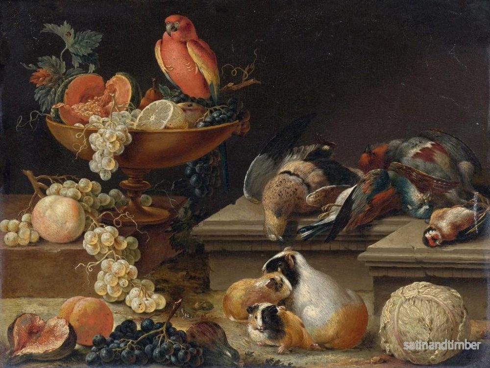 Reproduktion av målningen av naturtavla med en papegoja, fjäderfä, marsvin och frukt - Johann Amandus Winck - Bild 2