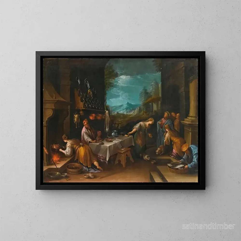 Reproduktion av målningen Le Christ dans la maison de Marie et Marthe - Ecole de Jacopo da Ponte