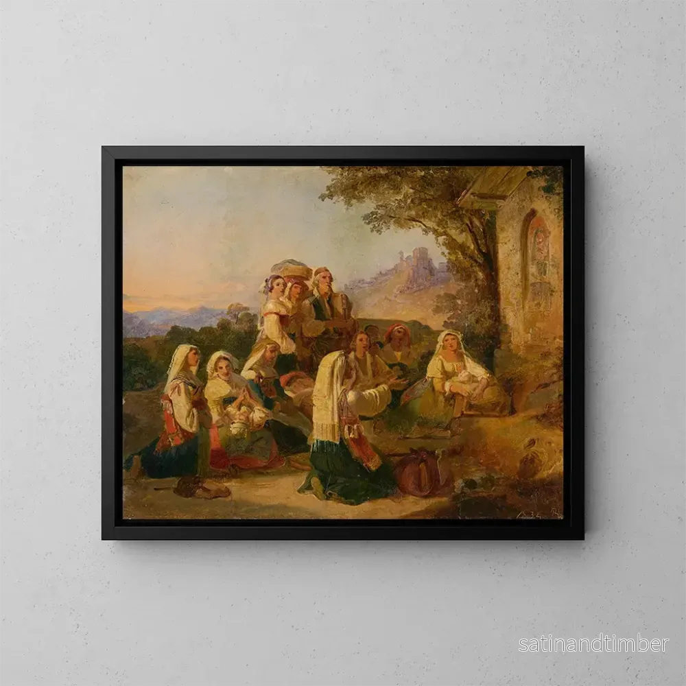 Reproduktion av målningen av italienska bönder i bön framför ett kapell nära Cervara – Johann Baptist Kirner Reproduktion av målningen av italienska bönder i bön framför ett kapell nära Cervara – Johann Baptist Kirner