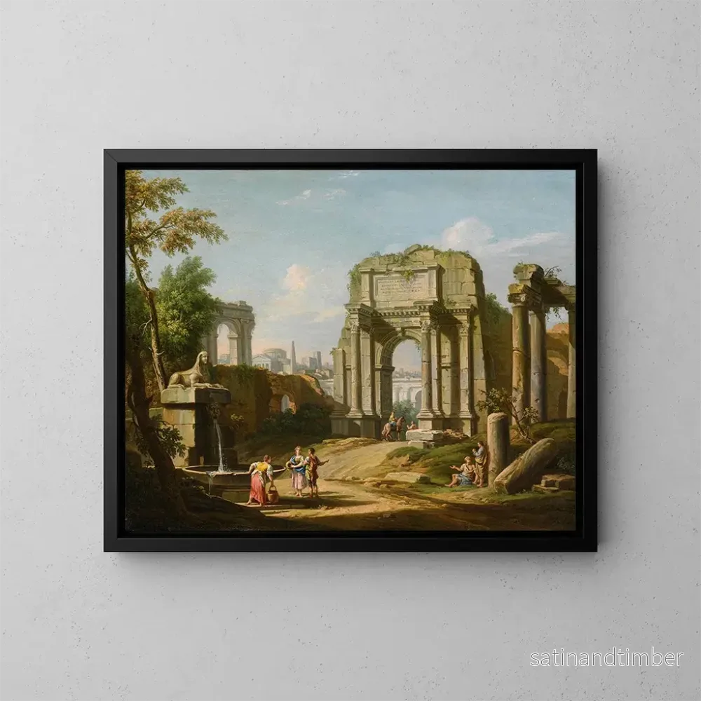 Reproduktion av målningen Caprice architectural med antika ruiner, en sphinx och figurer vid en fontän - Giuseppe Zocchi