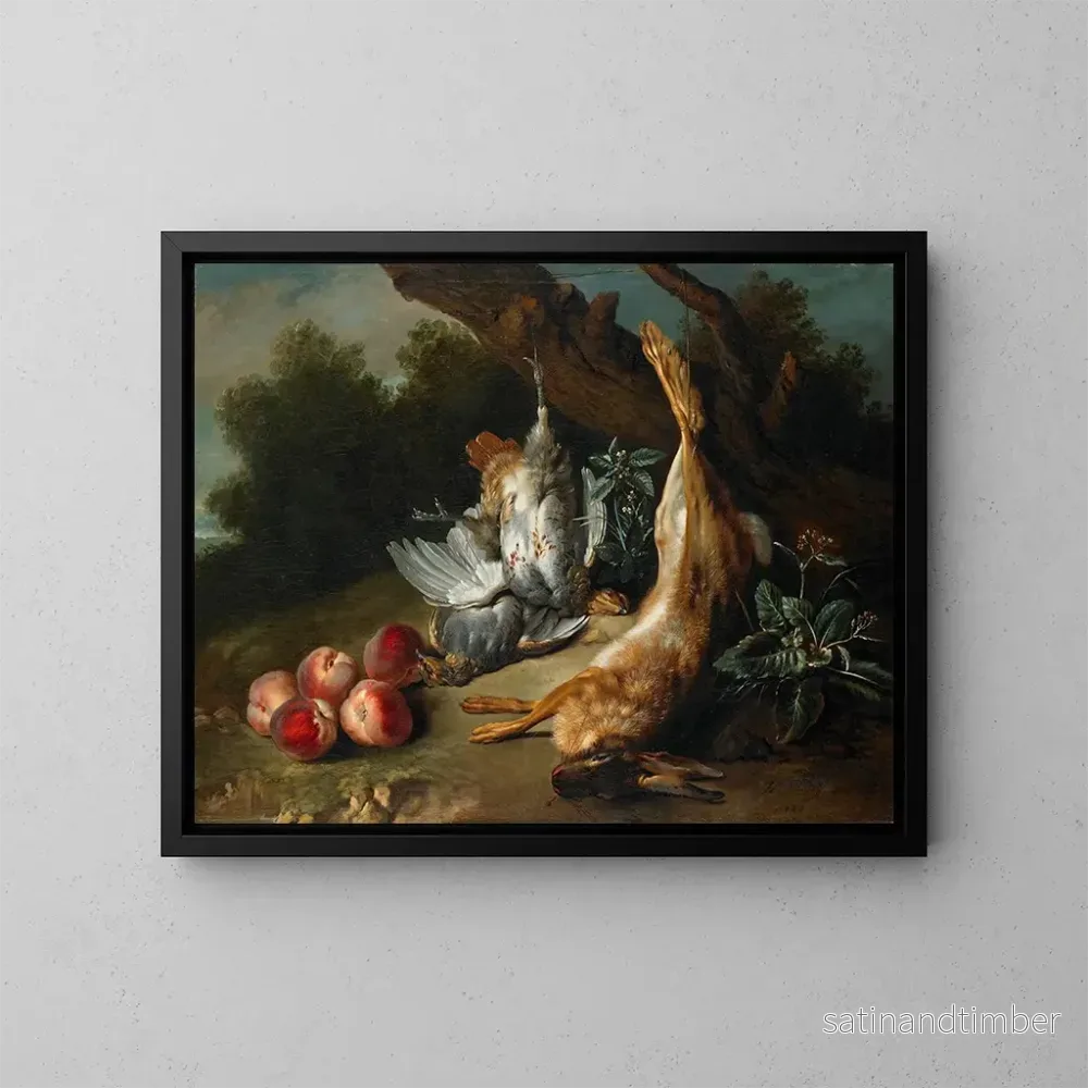 Reproduktion av målningen av naturtavla med dött vilt och persikor i ett landskap - Jean-Baptiste Oudry