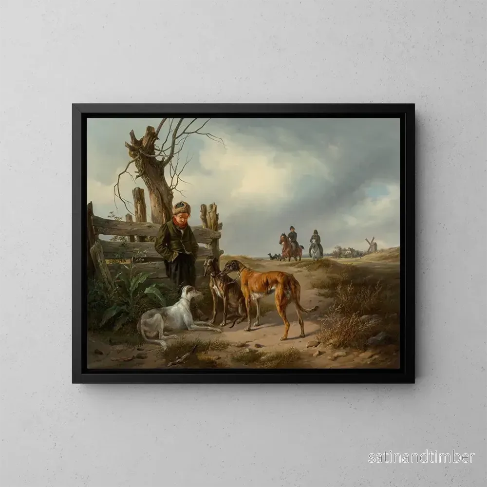 Reproduktion av målningen Ung pojke som vilar vid en stängsel med jakthundar – Carl Friedrich Schulz Reproduktion av målningen Ung pojke som vilar vid en stängsel med jakthundar – Carl Friedrich Schulz