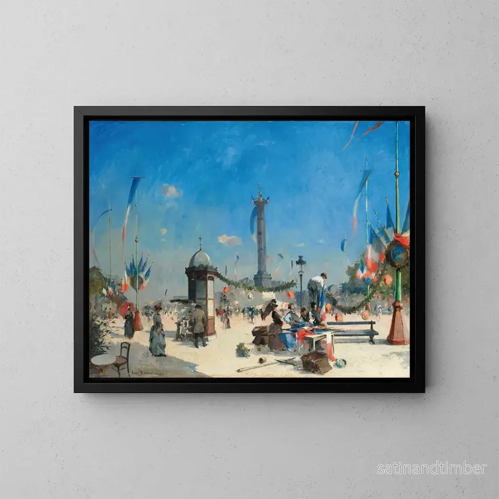 Reproduktion av målningen Förberedelse för 14 juli-firandet, Place de la Bastille, Paris - Louis-Jules Dumoulin
