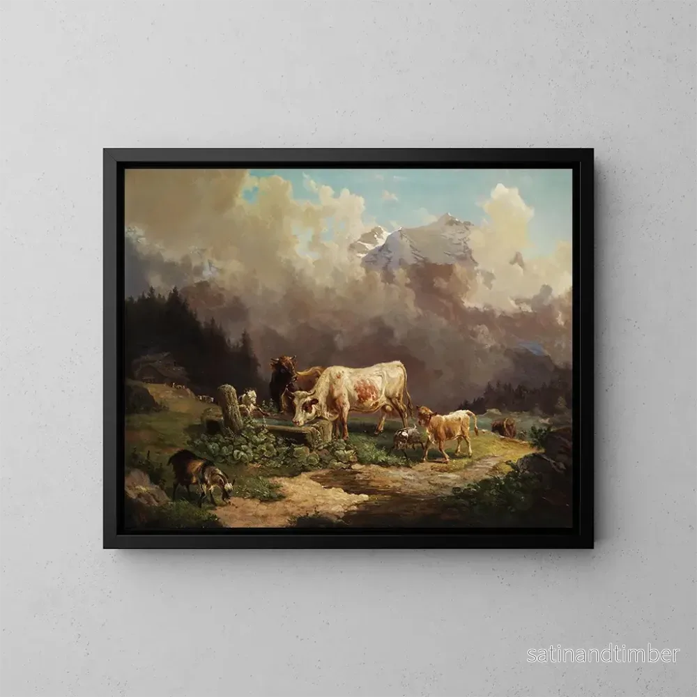 Reproduktion av målningen Bétail en haute montagne près de l’abreuvoir – Louis Reinhardt Reproduktion av målningen Bétail en haute montagne près de l’abreuvoir – Louis Reinhardt