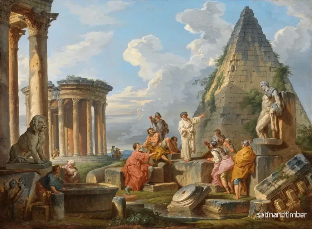 Reproduktion av målningen En fantasibild med helige Paul som predikar för romarna med Vesta-templet och Cestius-pyramiden - Giovanni Paolo Panini - Bild 2