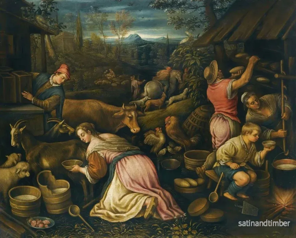 Reproduktion av målningen Vår, en landskapsbild med bybor som hanterar getter och bakar bröd - Leandro Bassano - Bild 2