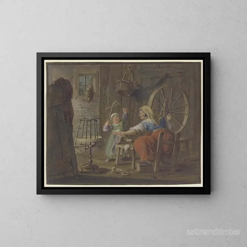 Reproduktion av målningen En gammal kvinna spinnar medan ett barn med en fågel - Pieter Bartholomeusz Barbiers