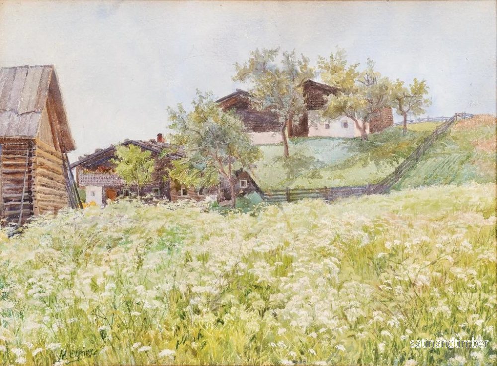 Reproduktion av målningen av bondgårdar med ett vitt blommande fält framför - Marie Egner - Bild 2