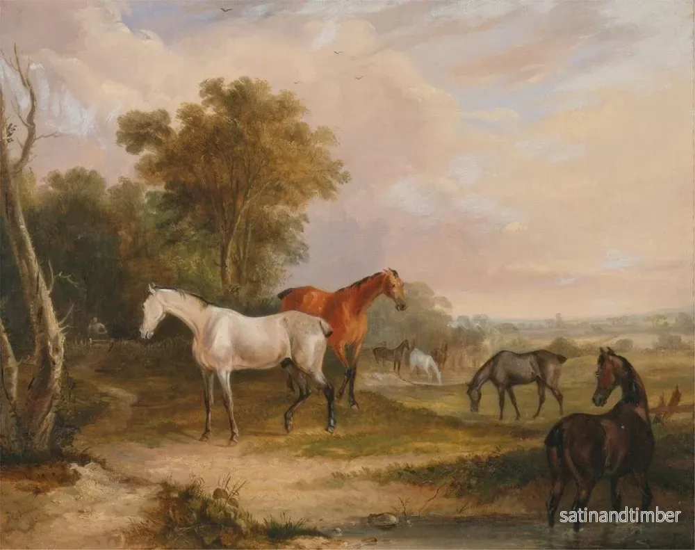 Reproduktion av målningen av hästar som betar en grå hingst med ston i en äng - Francis Calcraft Turner - Bild 2