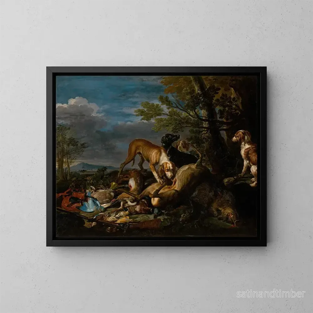 Reproduktion av målningen av jaktstilleben med hundar - David de Coninck