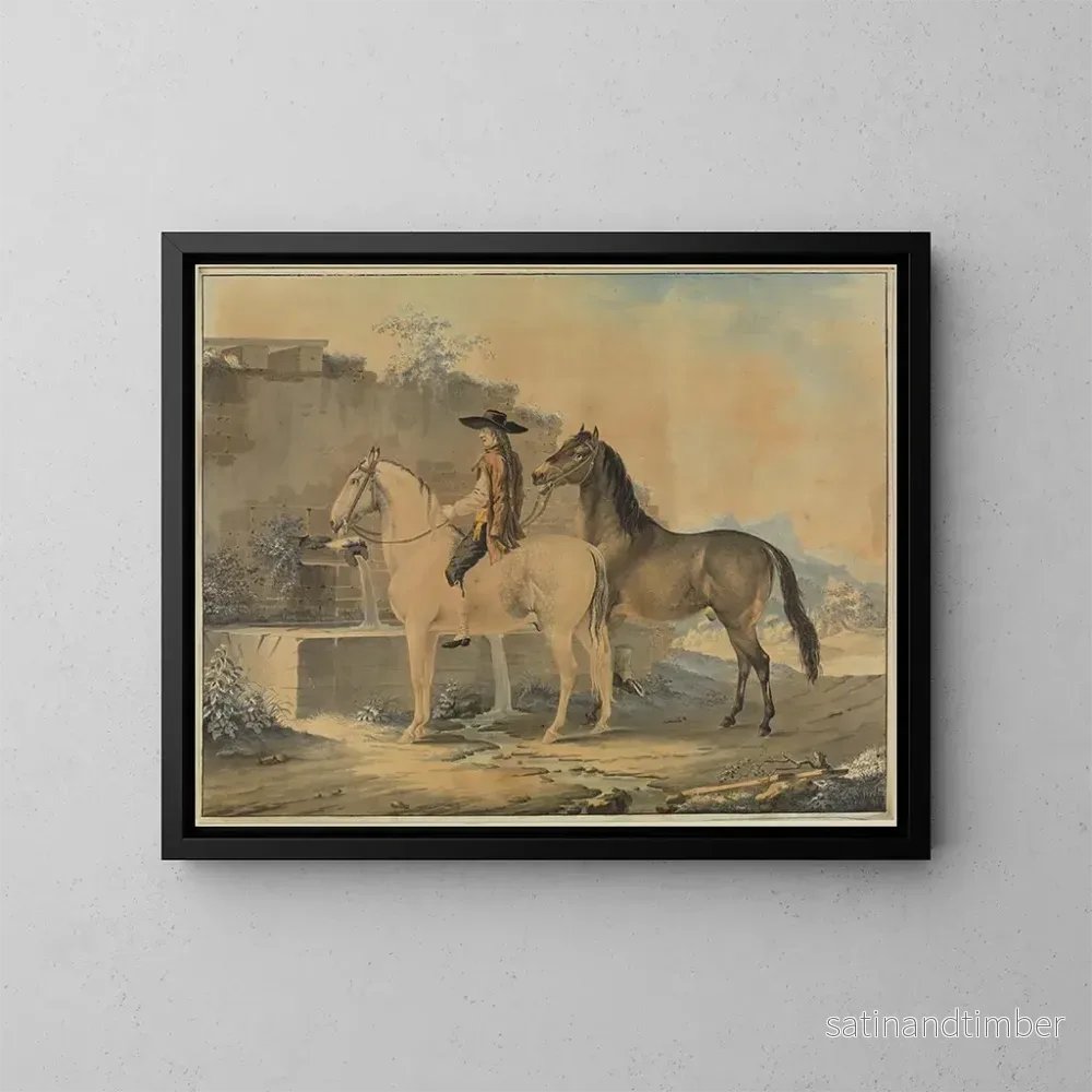 Reproduktion av målningen Cavalier med två hästar vid brunnen - Johann Georg Pforr