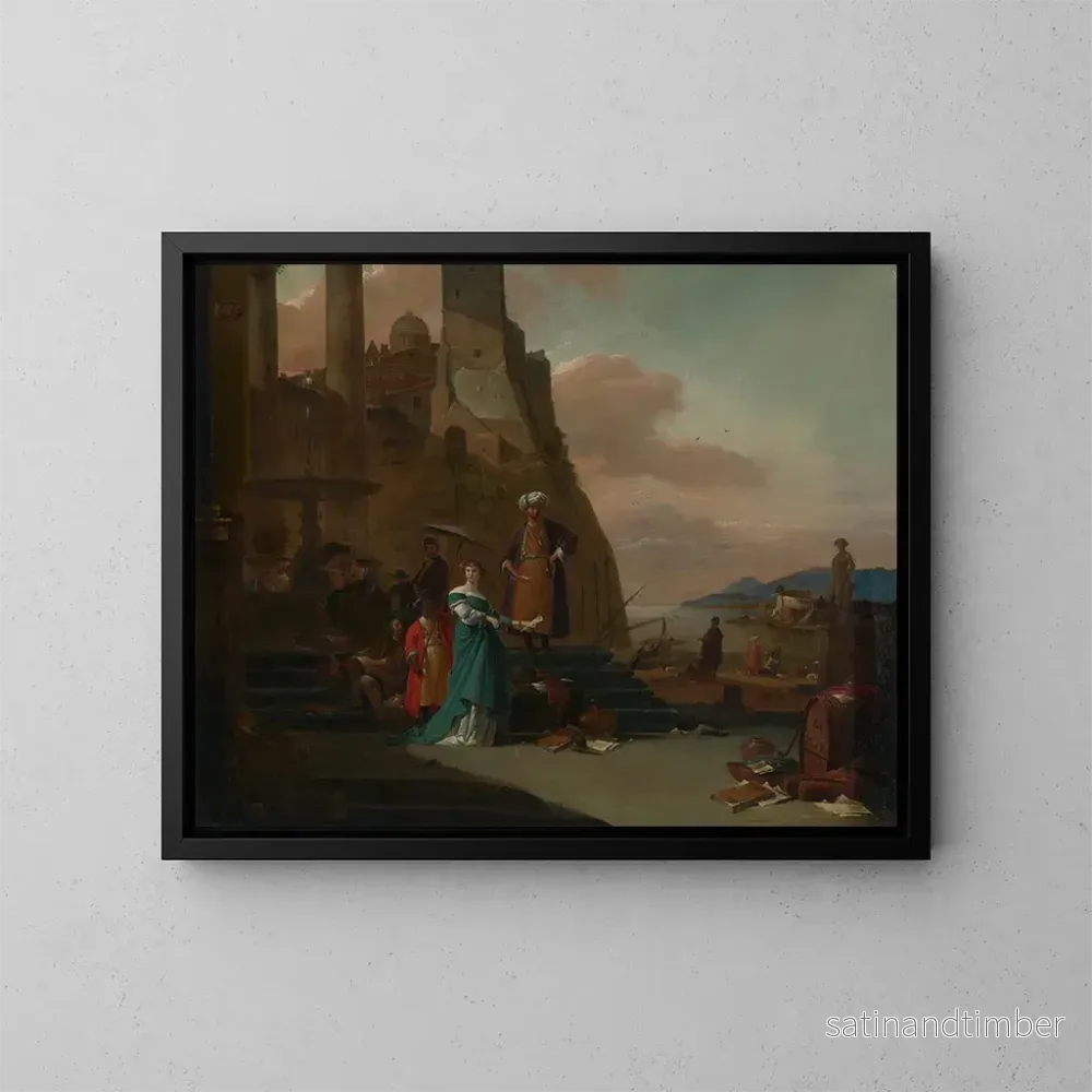 Reproduktion av målningen Eleganta figurer inklusive en man i turkisk kostym på kajen i en medelhavshamn - Thomas Wijck