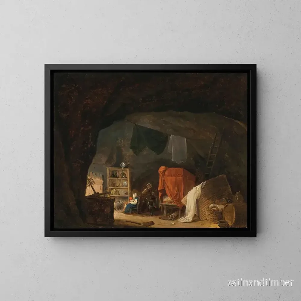 Reproduktion av målningen En familj i en grotta - Hubert Robert