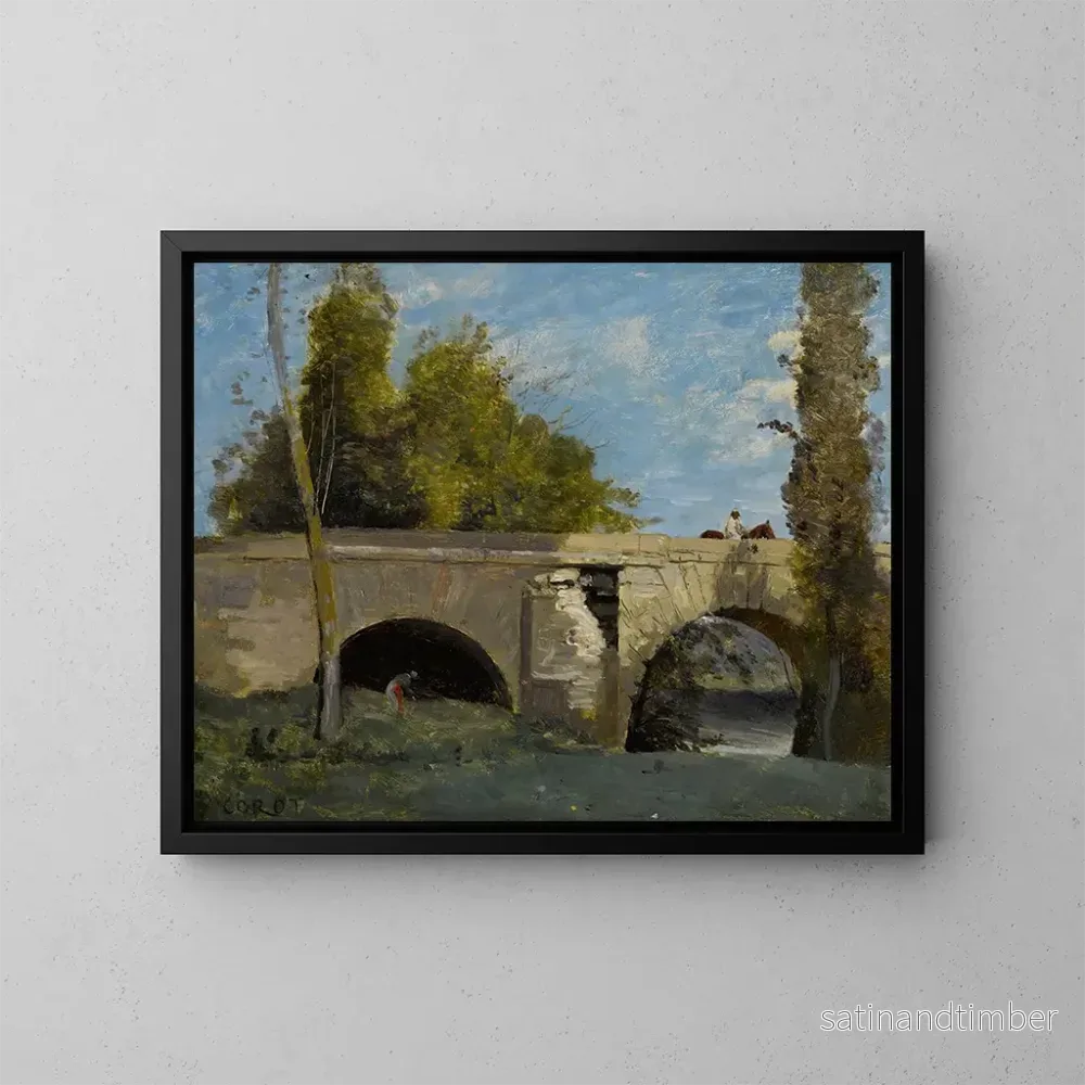 Reproduktion av målningen Mantes, två bågar av bron med en ryttare - Jean-Baptiste-Camille Corot
