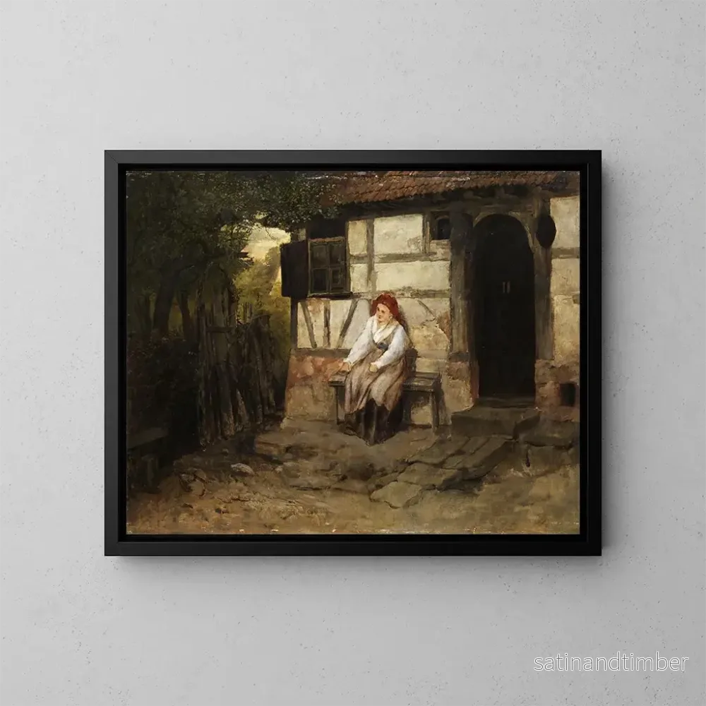Reproduktion av målningen av bondflicka sittande framför huset - Johann Sperl