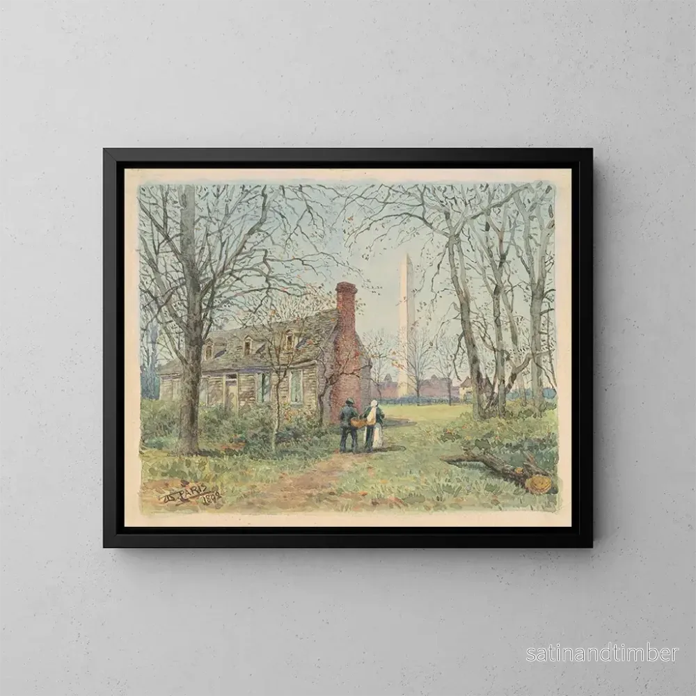 Reproduktion av målningen Le cottage de David Burns et le monument de Washington – Walter Paris Reproduktion av målningen Le cottage de David Burns et le monument de Washington – Walter Paris
