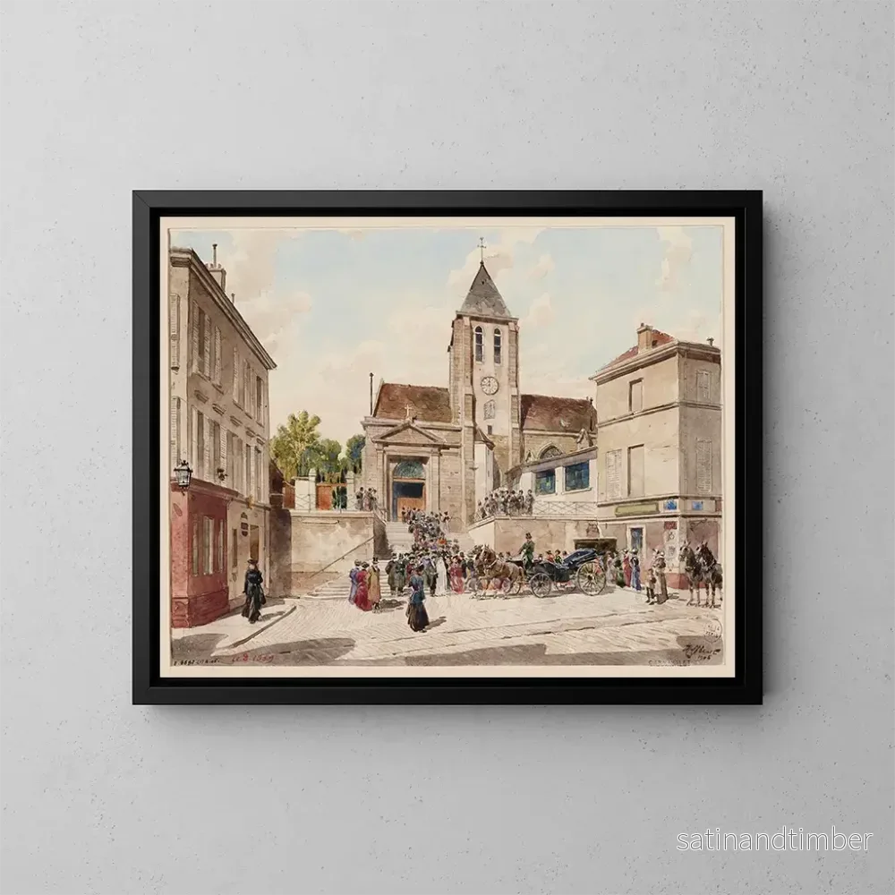 Reproduktion av målningen L: kyrkan Saint-Germain de Charonne, 4 place Saint-Blaise och 119 rue de Bagnolet, Utgången från ett bröllop - Fédor Hoffbauer