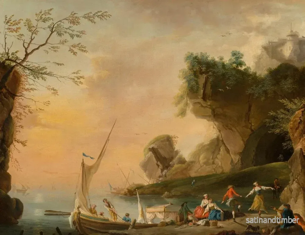 Reproduktion av målningen av en medelhavskustlandskap med båtar och figurer - Charles François Lacroix-skolan - Bild 2