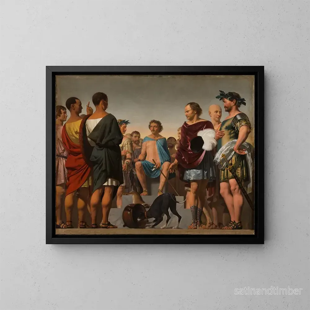 Reproduktion av målningen Lycurgus den spartanske visar vikten av en god utbildning genom att jämföra beteendet hos två hundar - Caesar van Everdingen