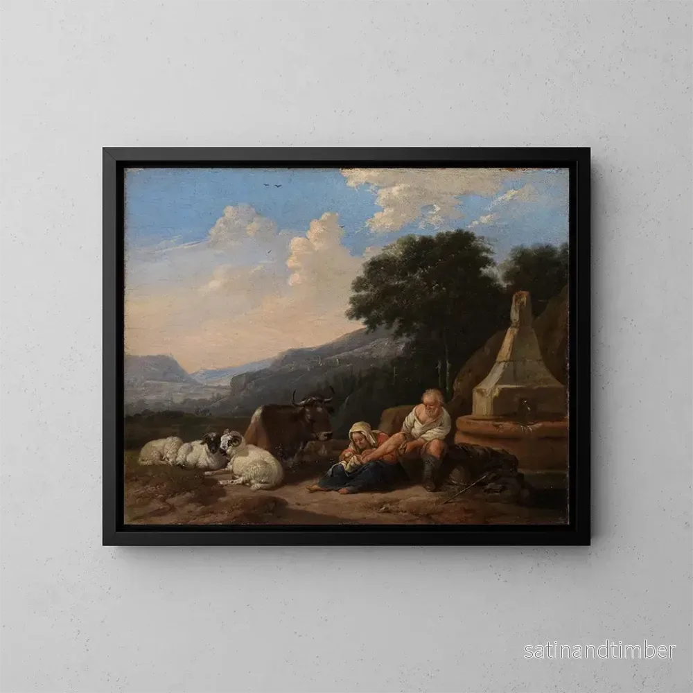 Reproduktion av målningen Landskapsbild med bergsgetter nära en brunn - Johann Heinrich Roos