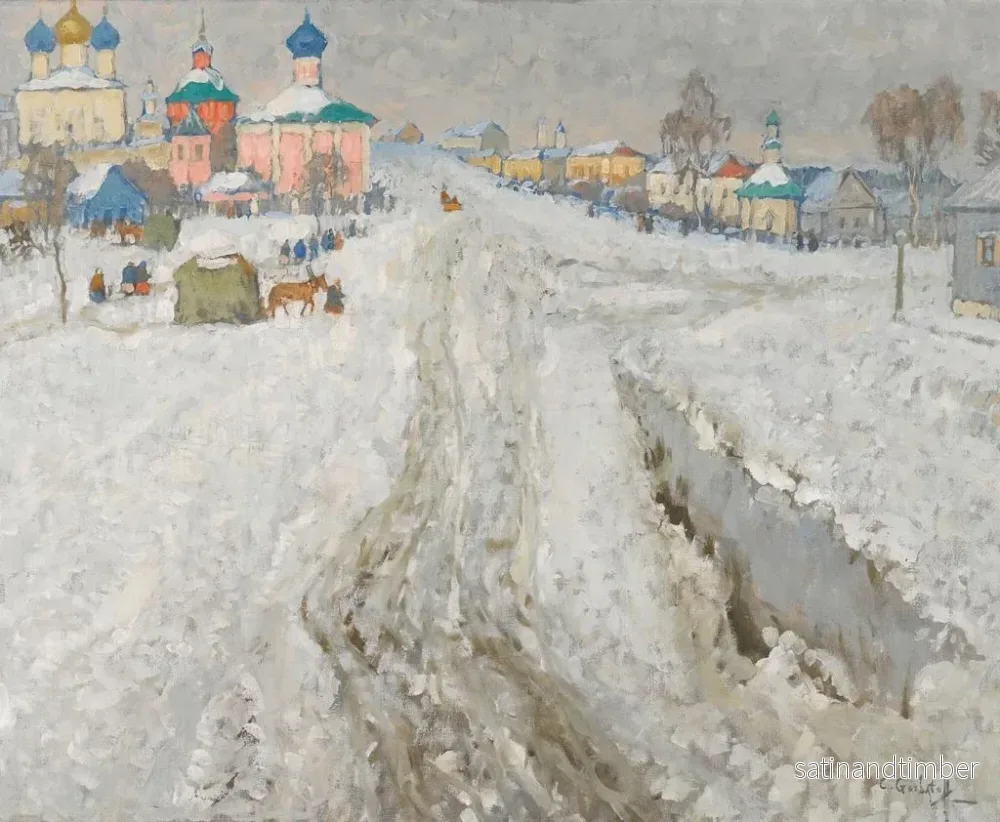 Reproduktion av målningen av rysk stad under snöfall - Konstantin Ivanovich Gorbatov - Bild 2
