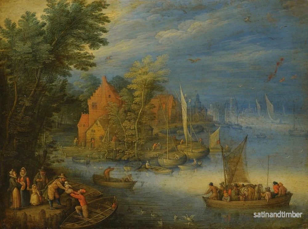 Reproduktion av målningen En stad vid en bred flod med en tungt lastad färja som närmar sig stranden i förgrunden - Jan Brueghel den yngre - Bild 2