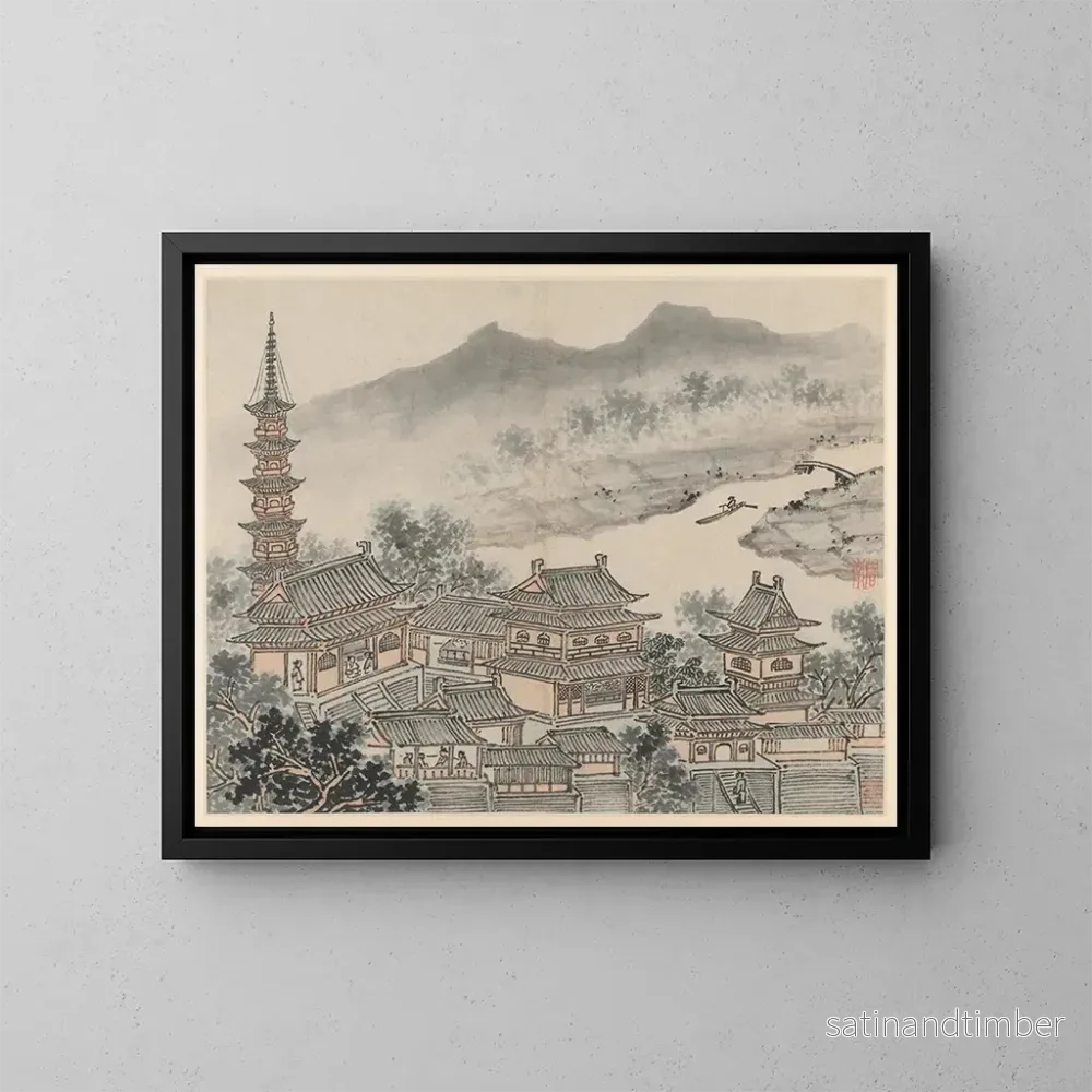 Reproduktion av målningen Le hall des mille Bouddhas et la pagode du monastère de la falaise nuageuse - Shen Zhou