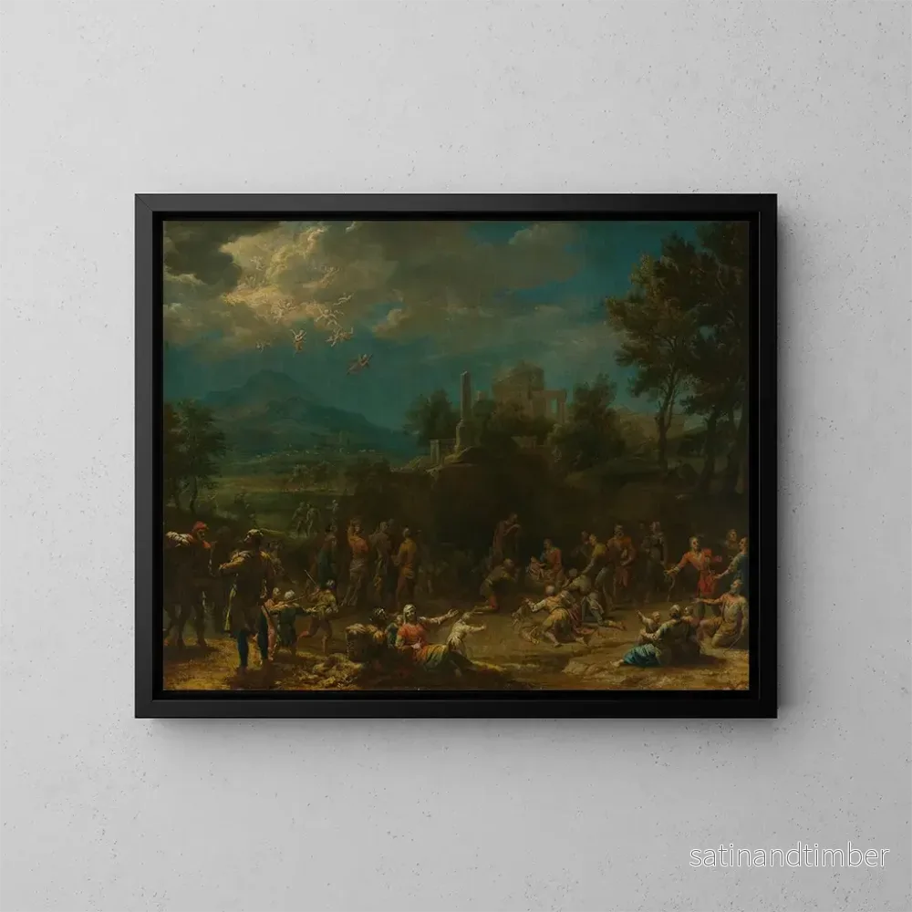 Reproduktion av målningen av Betlehemsbarnens tillbedjan framför ett vidsträckt landskap - Franz Joachim Beich