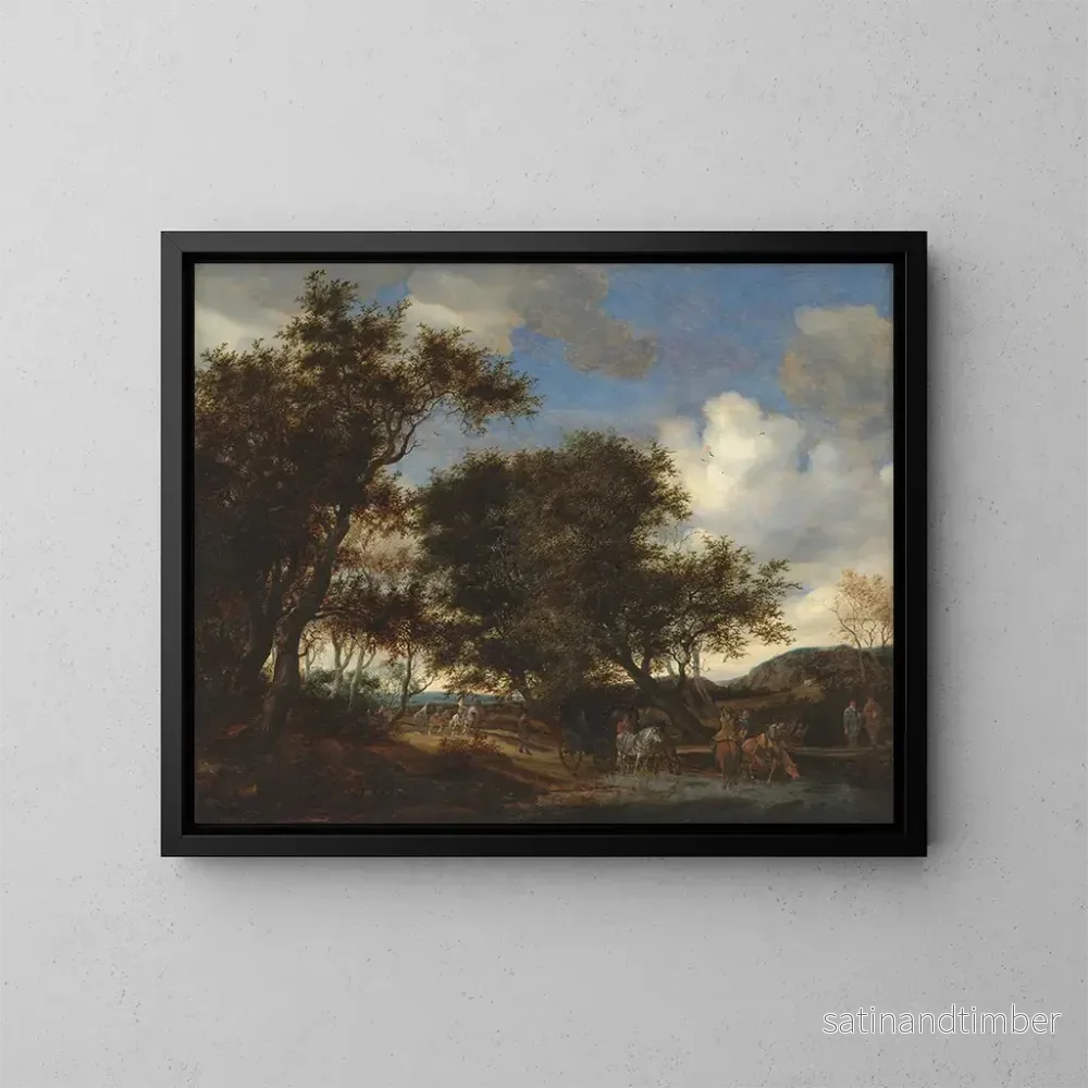 Reproduktion av målningen Landskapsmålning med resenärer som vattnar sina hästar - Jacob Salomonsz van Ruysdael