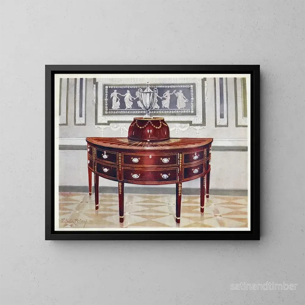 Reproduktion av målningen Buffé semi-cirkulär i mahogny och knivlåda marquetry och fanér av satinsläpp, mahogny och ebenholts - Edwin Foley