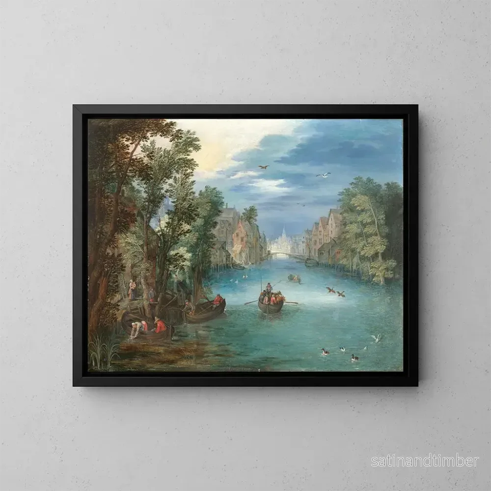 Reproduktion av målningen av ett flodlandskap med figurer - Jan Brueghel den yngre