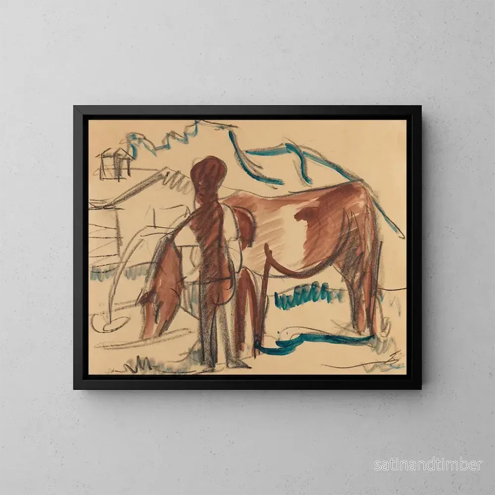Reproduktion av målningen Landsbygdsmän och ko som dricker - Ernst Ludwig Kirchner