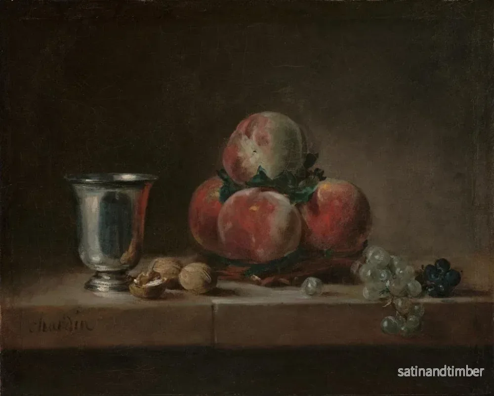 Reproduktion av målningen av Naturbild med persikor, ett silverglas, druvor och nötter - Jean Siméon Chardin - Bild 2