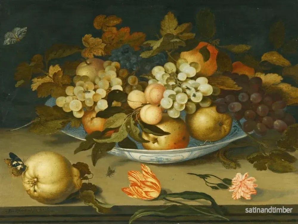Reproduktion av målningen Naturstilleben med en skål Delft innehållande frukter på en kant med blommor, insekter och en ödla - Balthasar van der Ast - Bild 2
