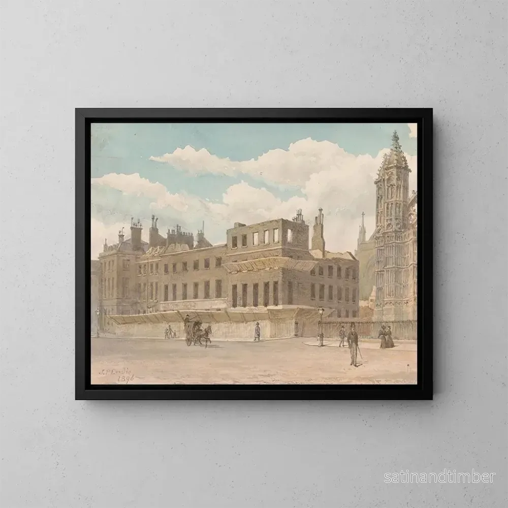 Reproduktion av målningen av intilliggande hus till Westminster-klostret under rivning – John Phillipps Emslie Reproduktion av målningen av intilliggande hus till Westminster-klostret under rivning – John Phillipps Emslie