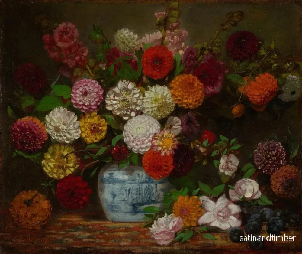 Reproduktion av målningen av stilleben med dahlior, zinnior, trädgårdsrosor och plommon - Eugène Delacroix - Bild 2