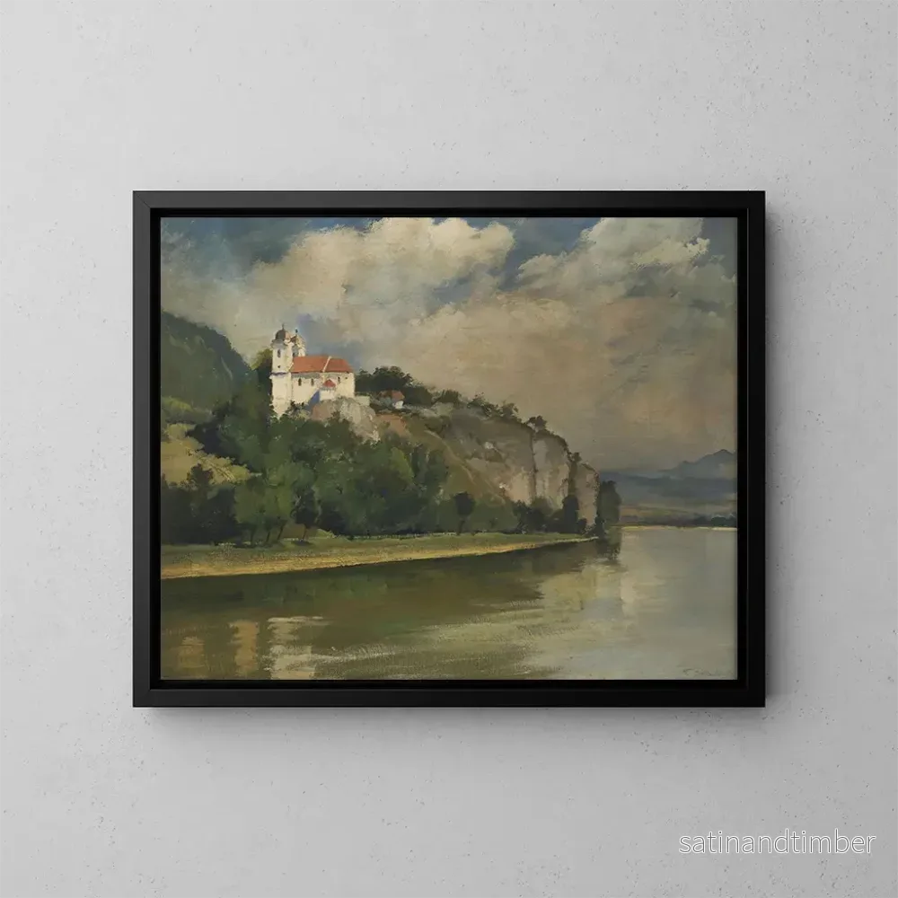 Reproduktion av målningen Längd: 60 cm, Höjd: 80 cm, Material: Canvas, Teknik: Olja, Ursprung: Tjeckien, Konstnär: František Hladík, Titel: Kyrkan ovanför floden