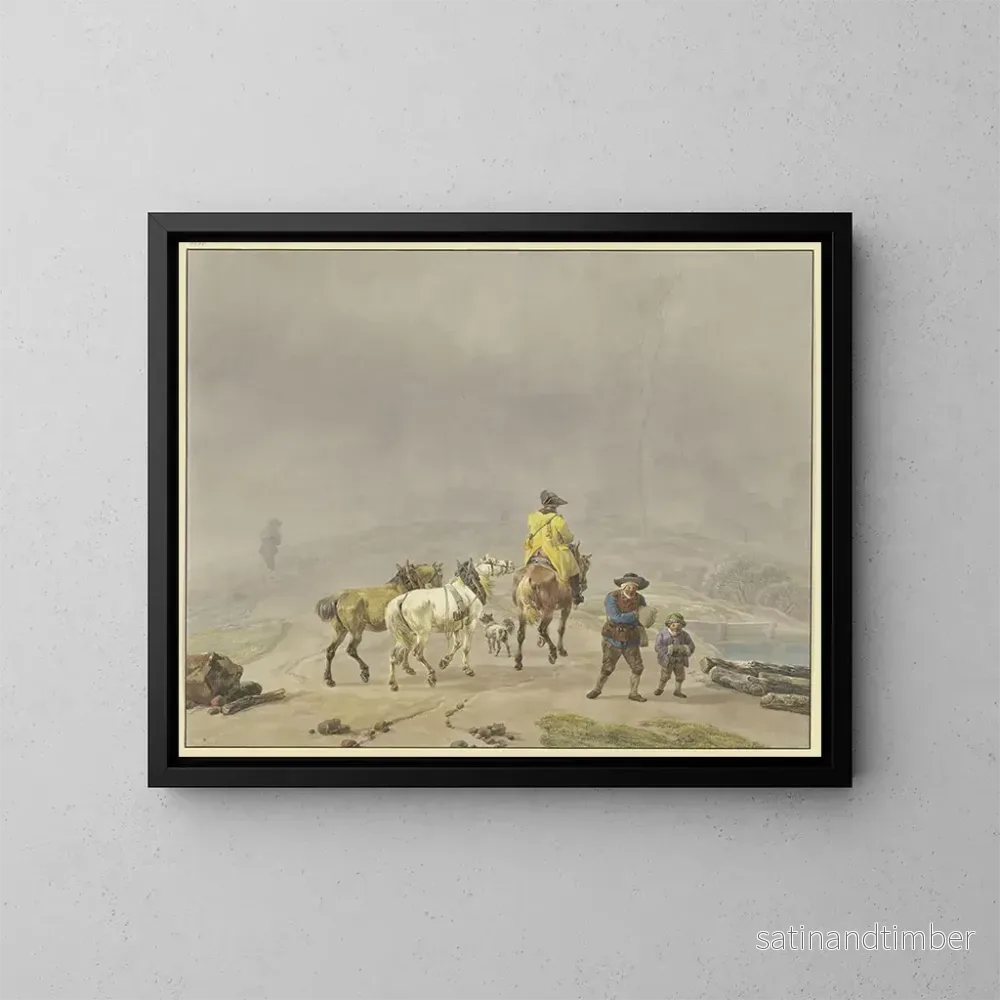 Reproduktion av målningen Postillon à cheval med två hästar i en vinterscen - Wilhelm von Kobell