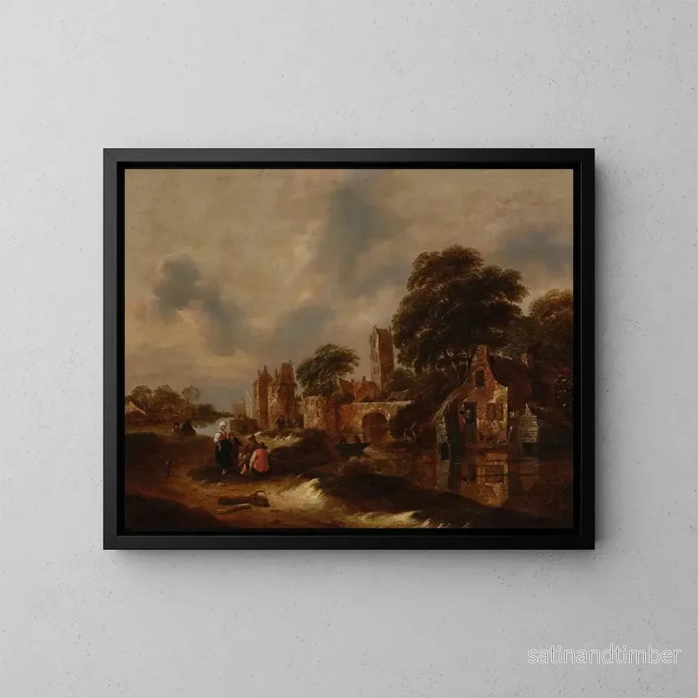 Reproduktion av målningen landskapsflod med bymurar och figurer som samtalar i förgrunden - Nicolaes Molenaer