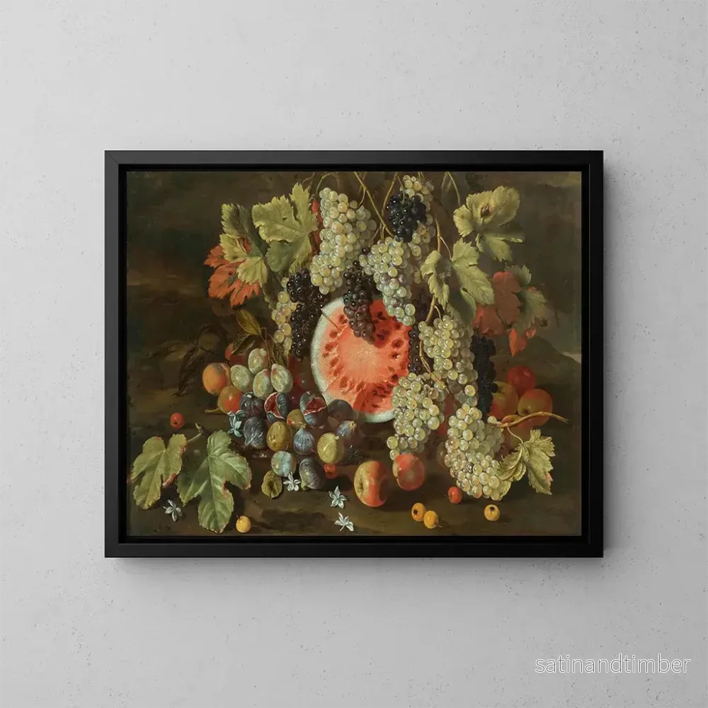 Reproduktion av målningen av still life i landskap med druvor, vattenmeloner, fikon och äpplen - Giovanni Battista Ruoppolo
