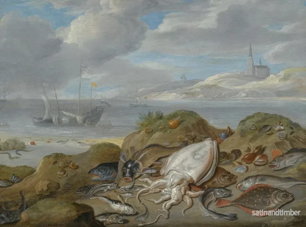 Reproduktion av målningen av still life med en bläckfiskfisk, en plattfisk, torsk, musslor och andra fiskar på en sanddyn, en kyrka på andra sidan en estuarium - Jan van Kessel den äldre - Bild 2