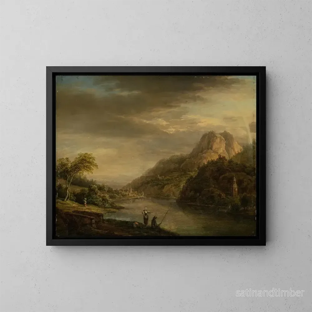 Reproduktion av målningen av flodlandskap med berg och regnbåge - Christian Georg Schütz den äldre
