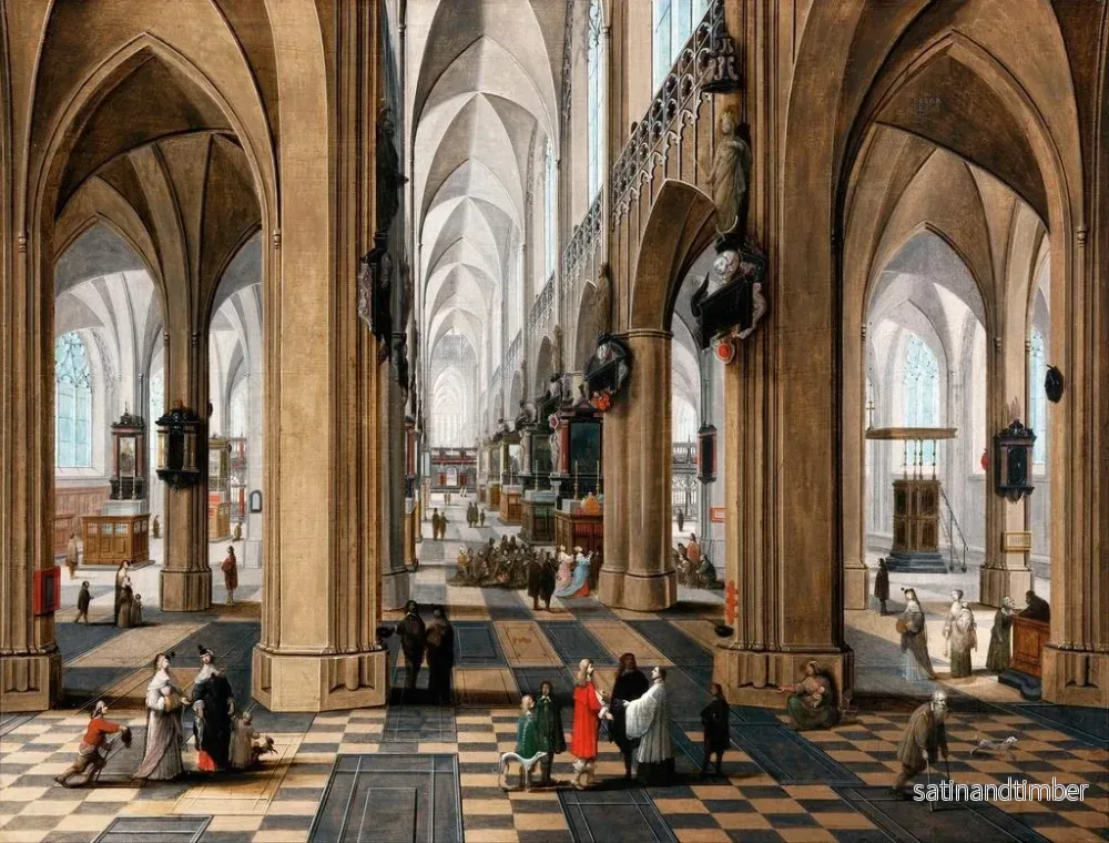 Reproduktion av målningen av ett interiör av en kyrka med eleganta figurer som promenerar och figurer som assisterar vid mässan - Pieter Neeffs den äldre - Bild 2