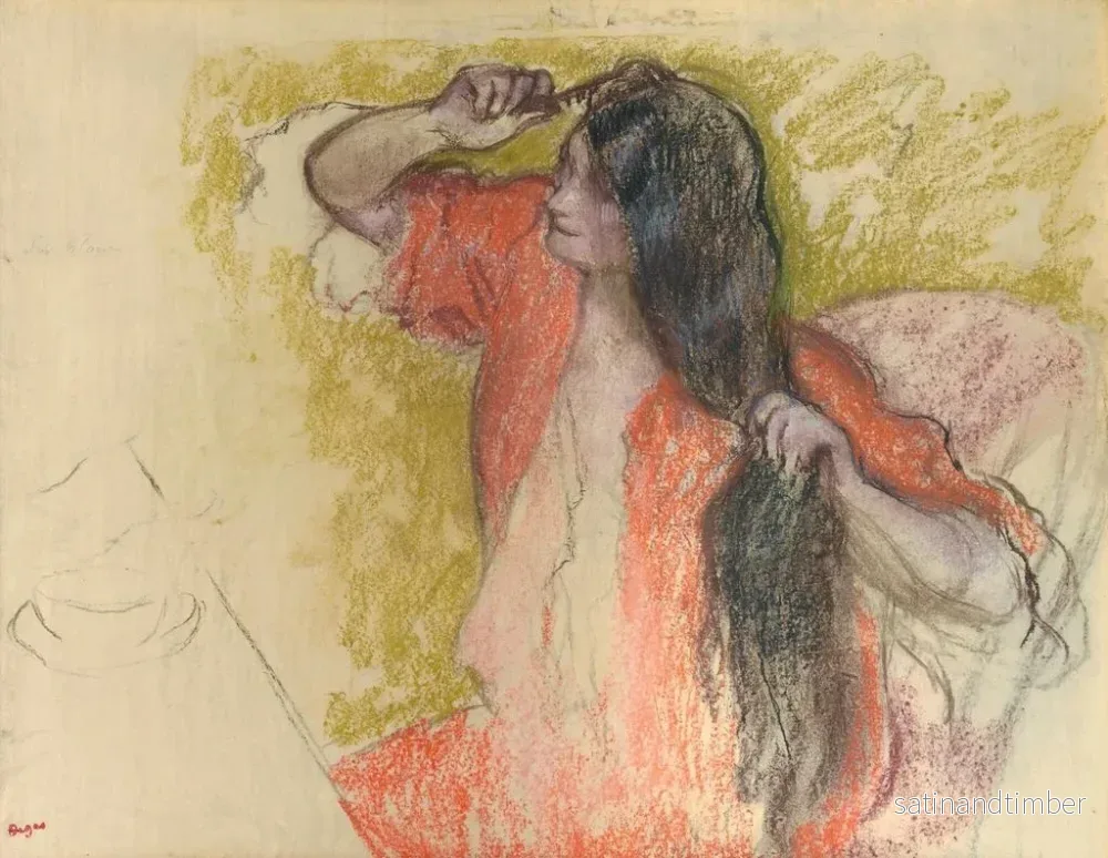 Reproduktion av målningen av kvinna i röd morgonrock som fixar håret - Edgar Degas - Bild 2