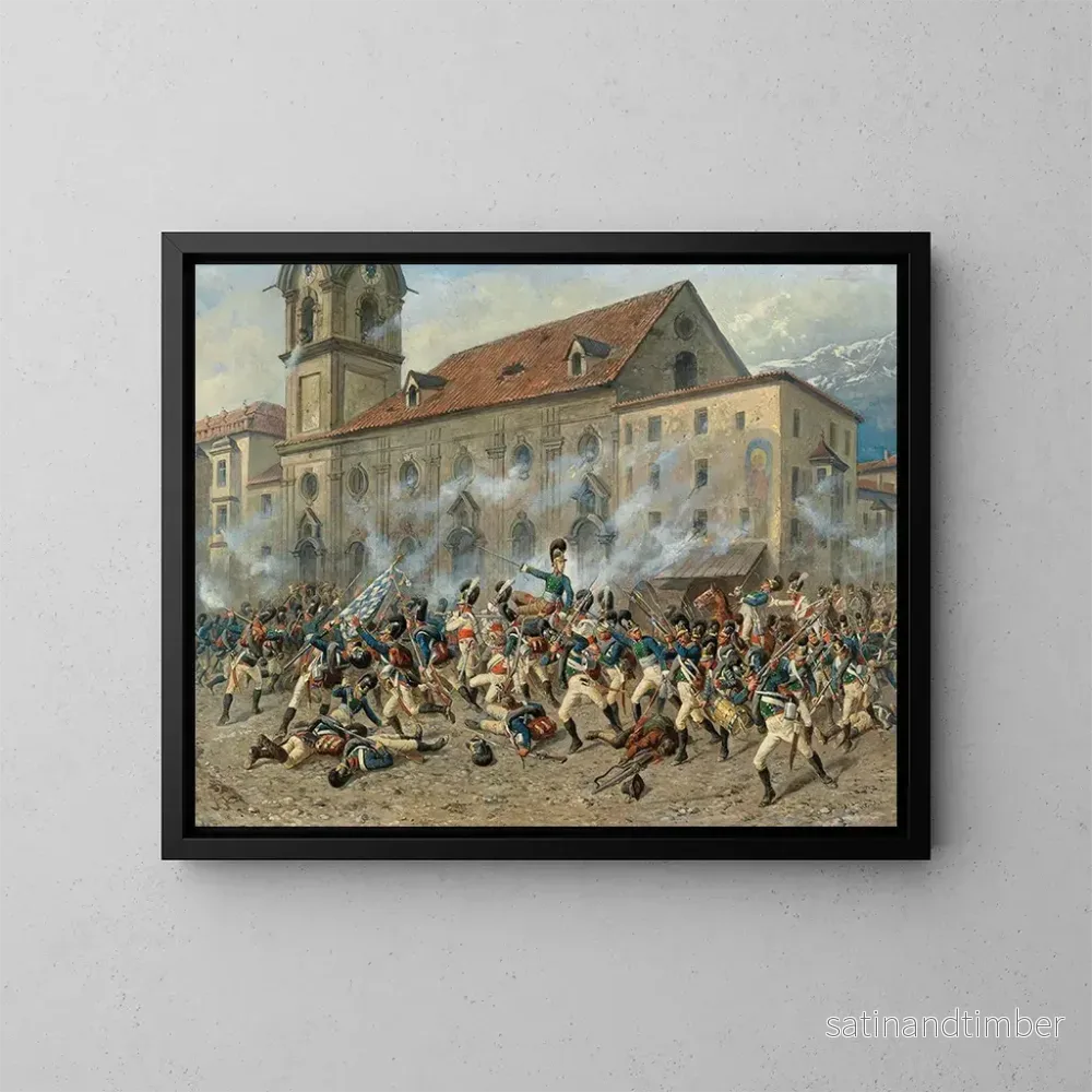 Reproduktion av målningen Karl Freiherr von Ditfurth som kämpar mot tyrolierna framför kyrkan vid sjukhuset i Innsbruck – Louis Braun Reproduktion av målningen Karl Freiherr von Ditfurth som kämpar mot tyrolierna framför kyrkan vid sjukhuset i Innsbruck – Louis Braun