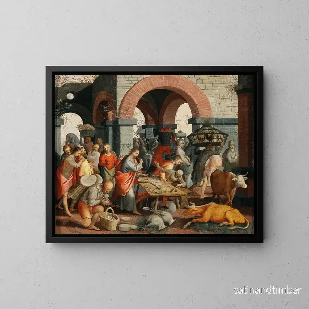 Reproduktion av målningen Le Christ jagar ut handlarna ur templet - Pieter Aertsen