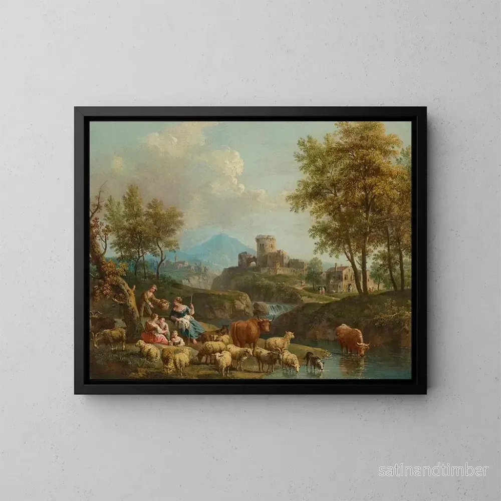 Reproduktion av målningen En flodlandskap i italiensk stil med körsvenner och boskap på en väg, en by bortom - Giovanni Battista Cimaroli