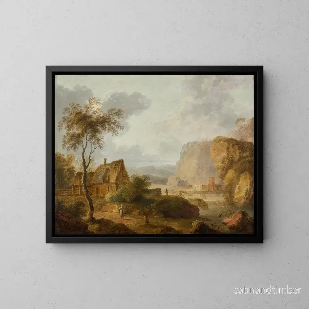 Reproduktion av målningen Landskapsbild av berg med flod och gård - Christian Hilfgott Brand