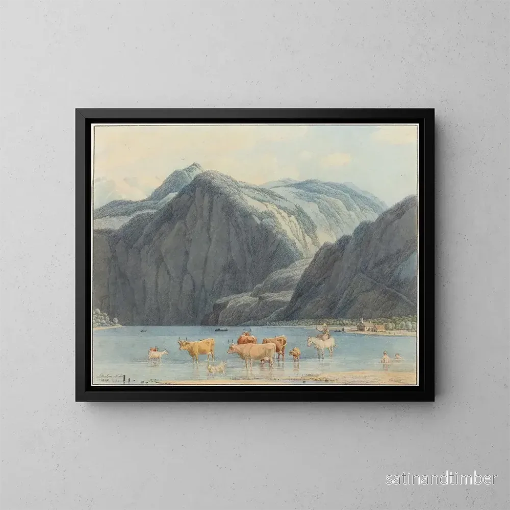 Reproduktion av målningen av Königsee-sjön med Saint-Barthélemy-klipporna - Wilhelm von Kobell