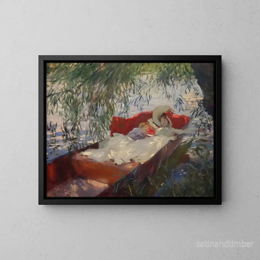 Reproduktion av målningen av dam och barn som sover i en båt under vide - John Singer Sargent